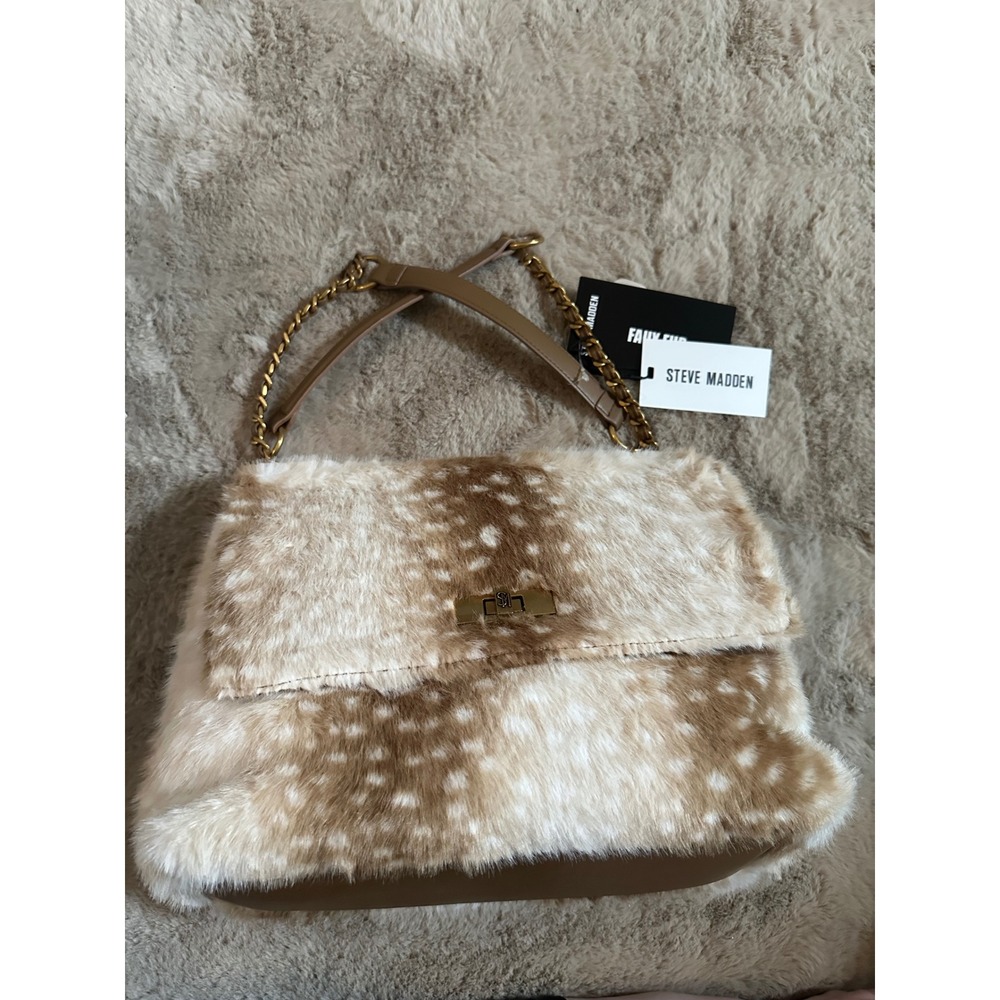 Steve Madden Faux Fur Deer Print Crossbody Bag Tan White Gold Chain Strap NWT